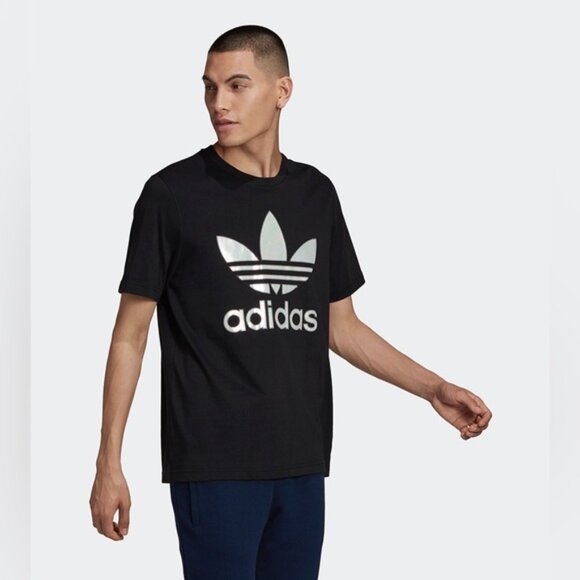 Adidas Silver Trefoil Reverse Back Logo Black Crewneck Short Sleeve Small - Picture 1 of 6